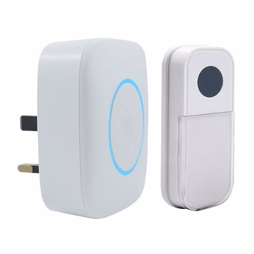 Uni-Com Wireless Plug-in Door Chime with 30 Melodies, 150m Range and LED Colour Change Alert in Blue and White