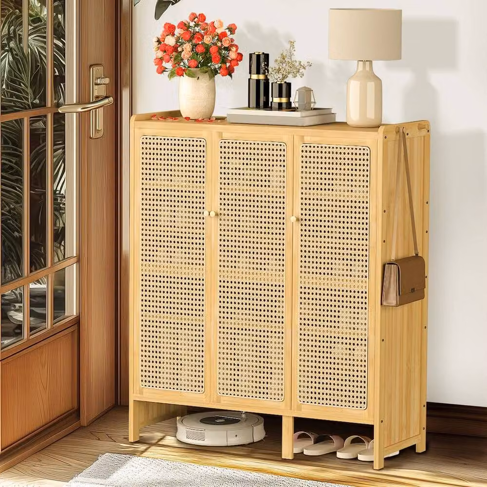 KORVIXA 3 Rattan Door XL Shoe Cabinet in Sand, W: 90 cm, H: 107 cm – 3
