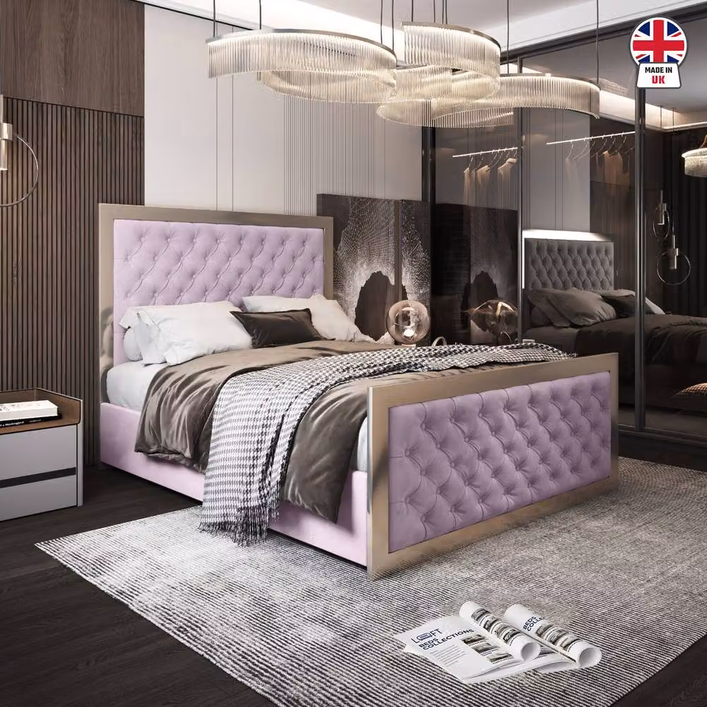 KDMD Meopham Double Upholstered Velvet and Metal Designer Bed Frame in Pink – 3