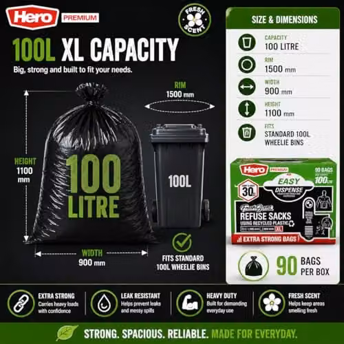 Hero 100L Scented Heavy Duty Black Refuse Bin Bags – 6