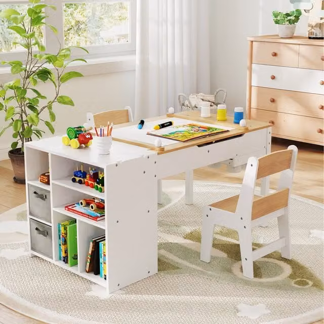 Costway Modern Childrens Rectangular Desk and Chair Set in Beige, Brown or White