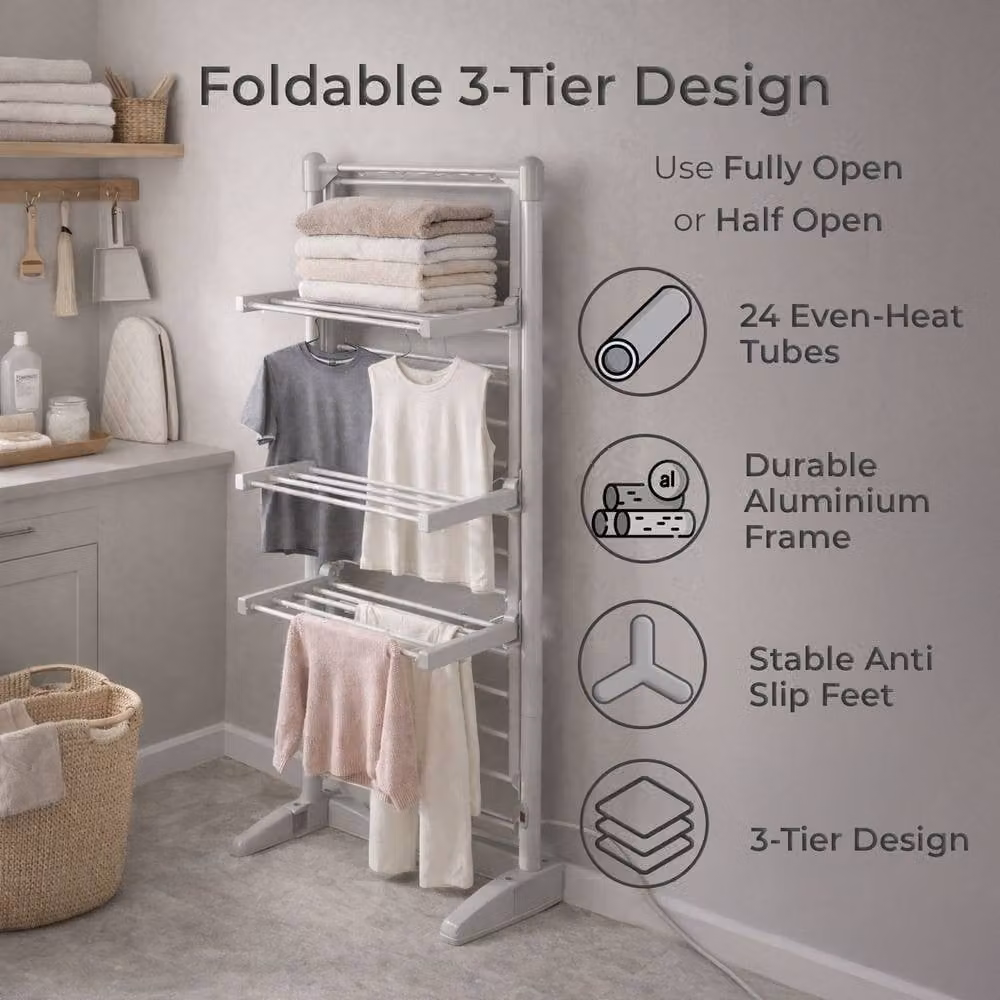 Neo 3 Tier Foldable Electric Heated Clothes Drying Rack in Silver – 2