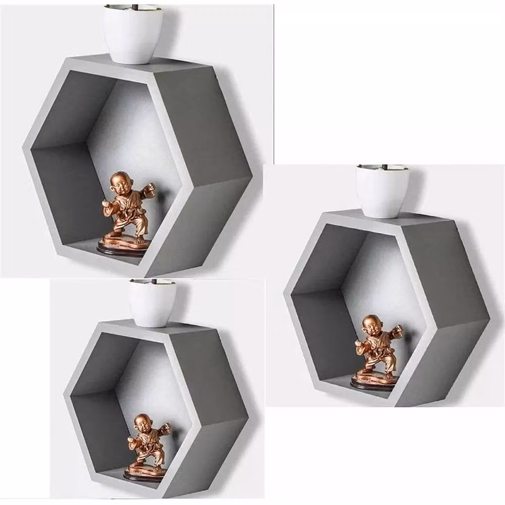VOGREX Grey Hexagon Floating Wall Shelves, Set of 3 Matt Geometric Honeycomb Display Racks – 4