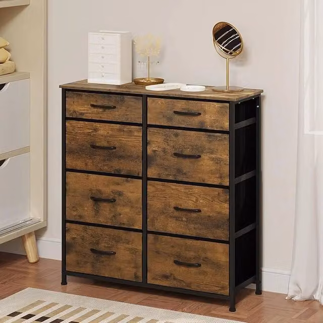 FORGEVIO Vintage 8-Drawer Chest with Metal Frame and Fabric Drawers in Brown and Multicolour