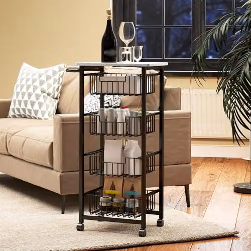 HOMCOM 4-Tier Kitchen Trolley with Marble-Effect Top and Castors, Light Grey, W/D/H: 91 x 49.5 x 31 cm – 4