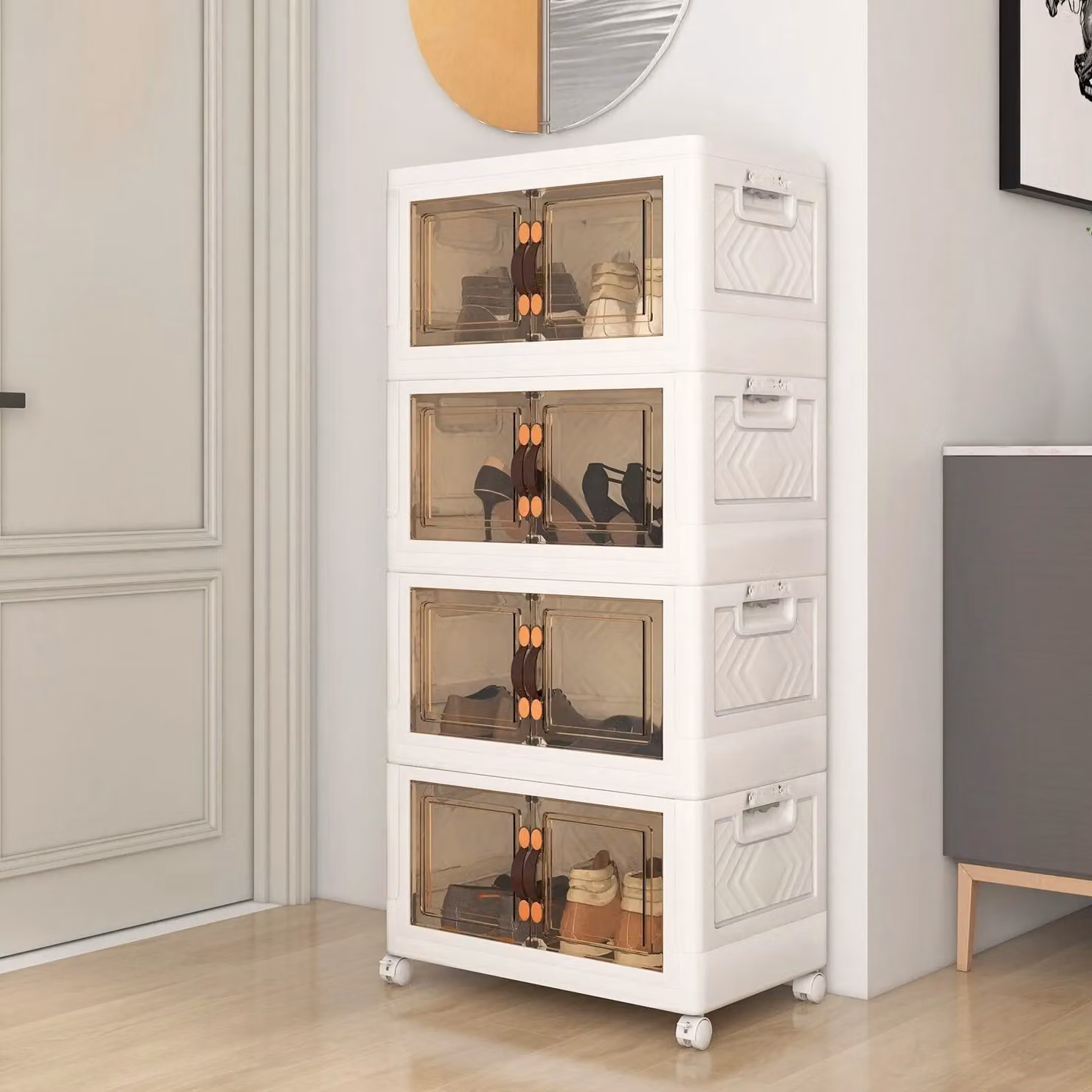 Costway 4 Pack Stackable Folding Storage Cabinets with Lockable Wheels and Glass Doors, White – 3