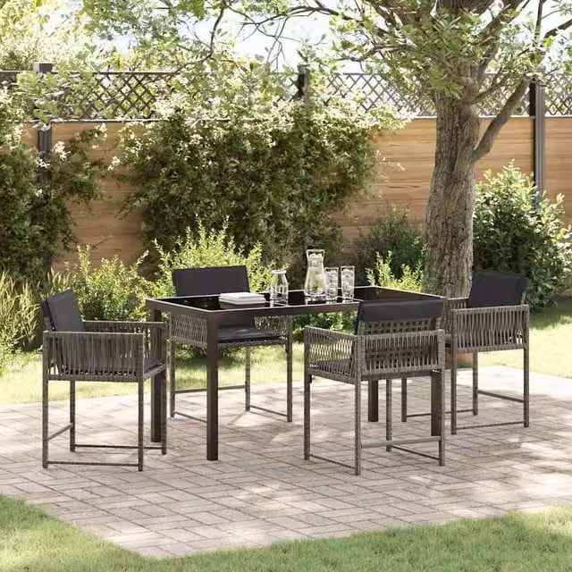 Berkfield Home 5 Piece Grey Poly Rattan Garden Dining Set with Glass Top