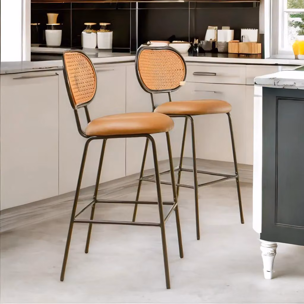 Rafaelo Mobilia Set of 2 Brown Faux Leather Bar Stools with Rattan Back – 2