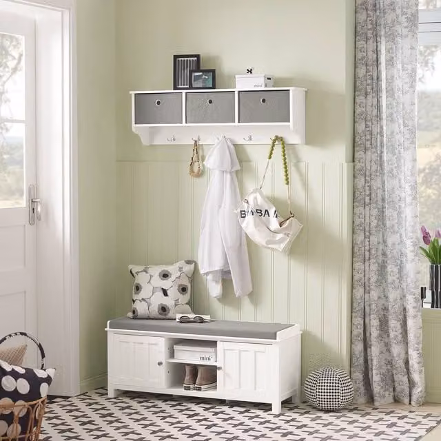 SoBuy Modern Shoe Rack and Entrance Bench in White with Silver and Grey Fabric Details