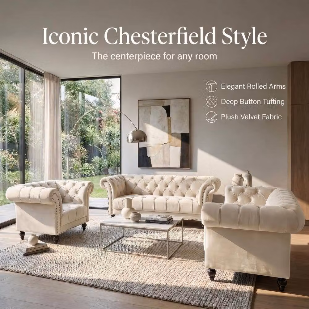 Bravich LTD Chesterfield 1 Seater Velvet Sofa in Beige with Buttoned Back and Rolled Arms – 3