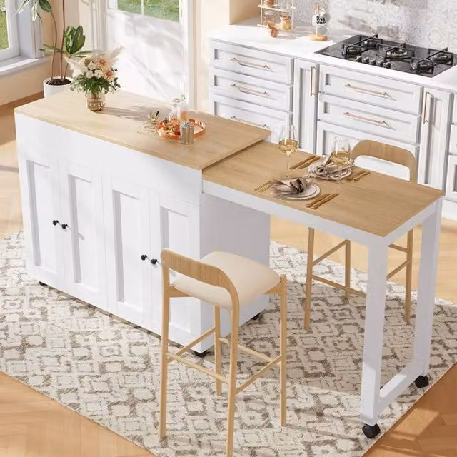 ModernLuxe Kitchen Island with Extendable Table and 4 Doors in White
