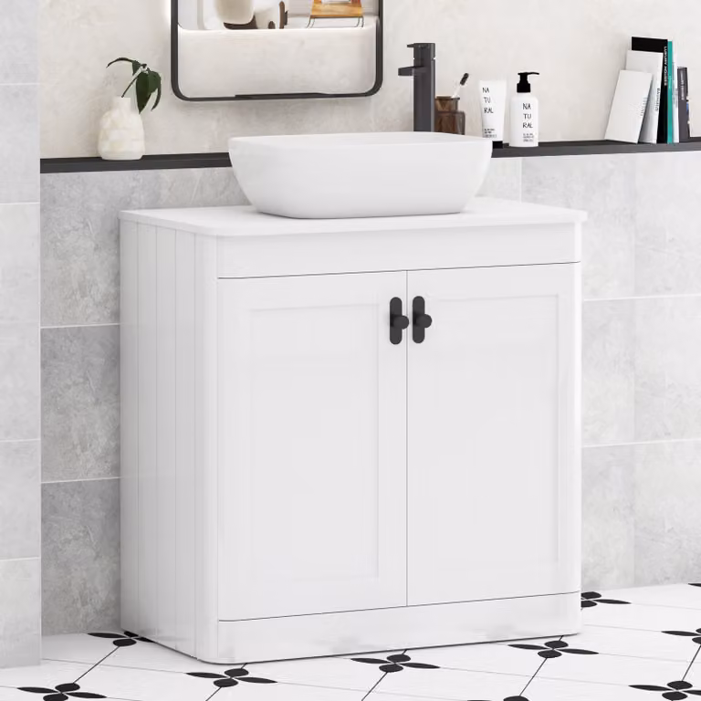 Royal Bathrooms Henley 800mm Gloss White Floor Standing 2 Door Vanity Unit with Elva Basin and Matt Black Knob