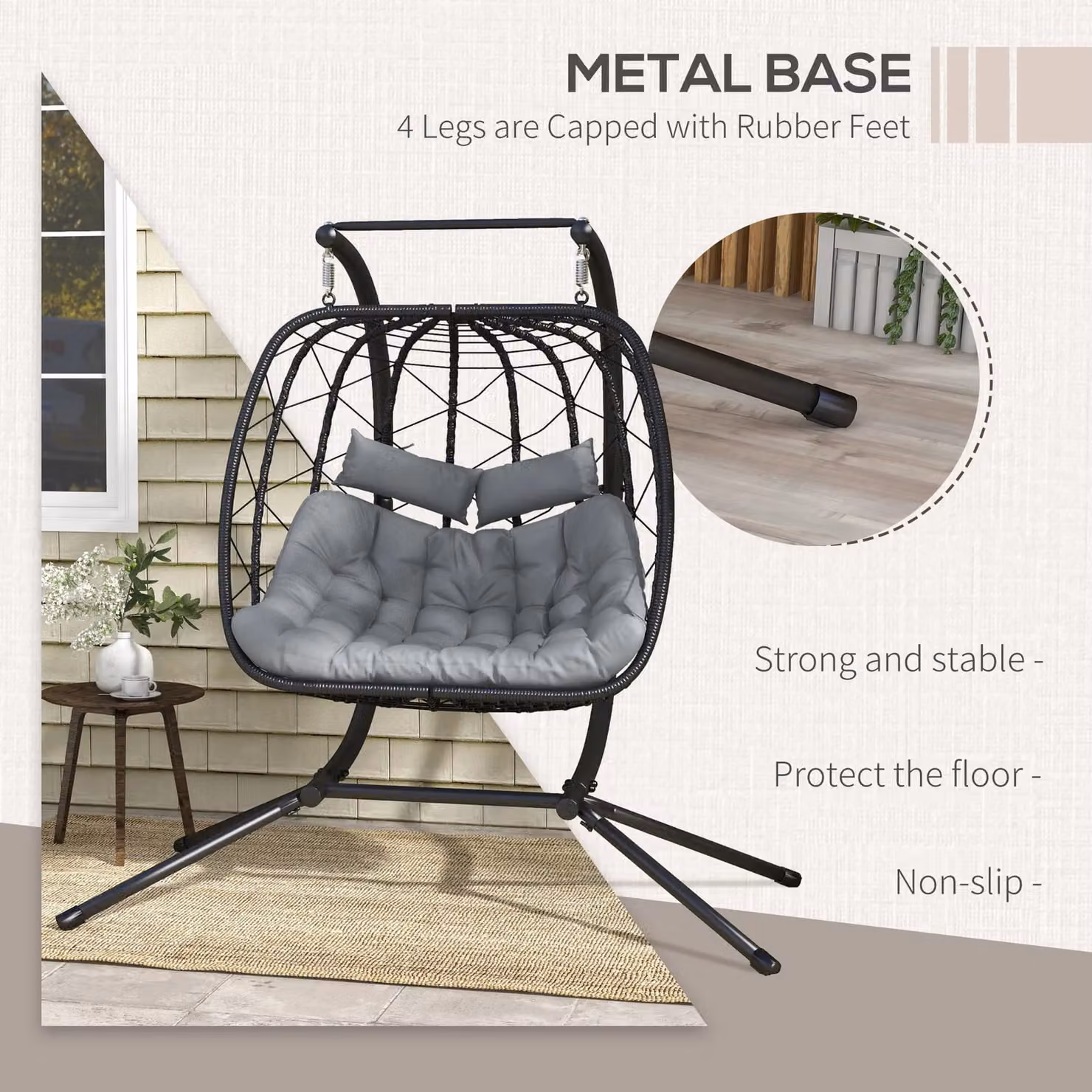 Outsunny 2 Seater Outdoor PE Rattan Swing Chair with Thick Padded Cushions in Black – 4