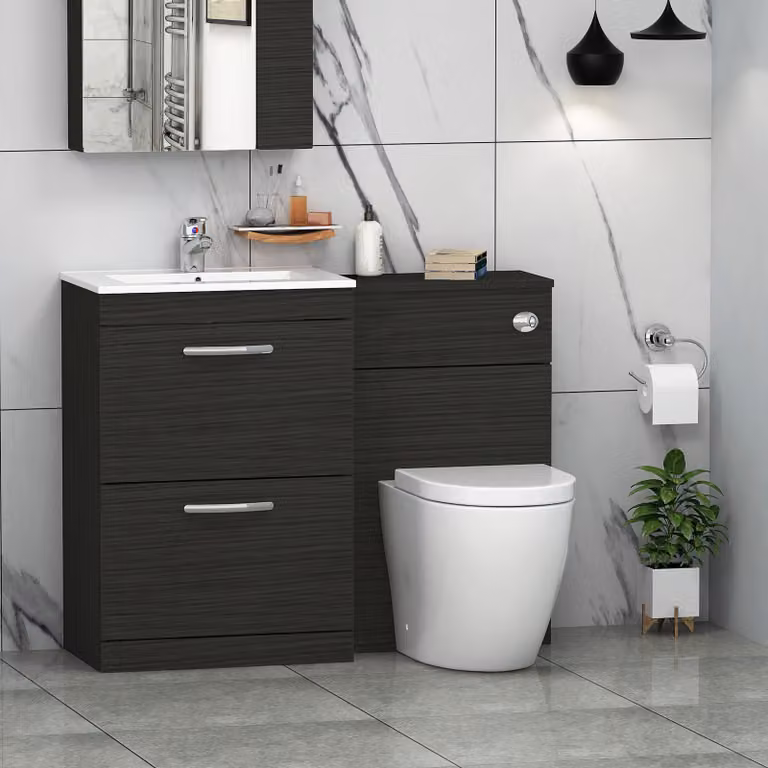 Royal Bathrooms Turin Minimalist Black Matt 2-Drawer Floor Standing Bathroom Furniture Pack with Elva Toilet