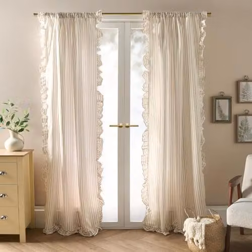 OHS Stripe Frill Voile Net Curtain Pair in Beige, W: 140 cm, Drop: 220 cm