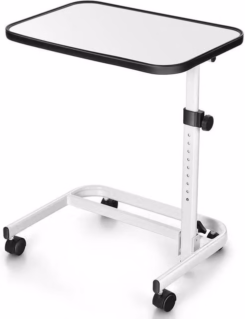 VOGREX Height Adjustable Tilting Overbed Table with Wheels in White – 1