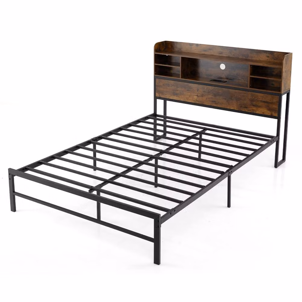 Costway Double Size Metal Bed Frame in Brown with LED Lights, USB Charging Port and Side Compartments, W/D/H: 140 x 200 cm – 5