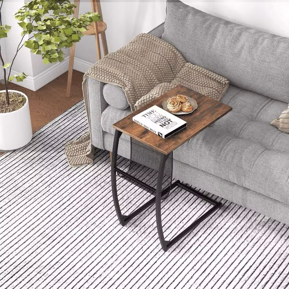 KORVIXA Modern Compact Sofa Side Table with Mesh Bag in Brown – 5