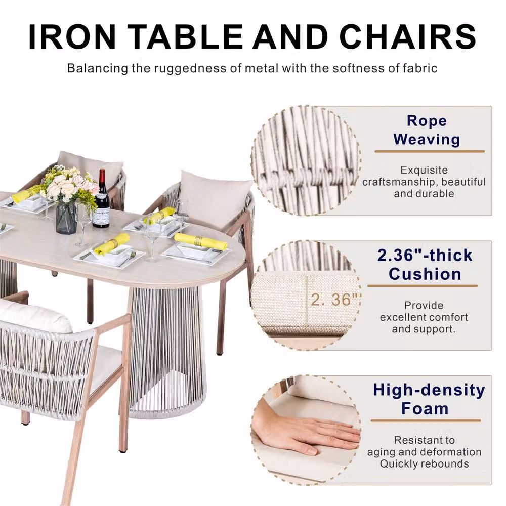 Direct Wicker Beige Woven Rattan and Metal Oval Dining Table Set with Six Chairs for Garden and Patio – 2