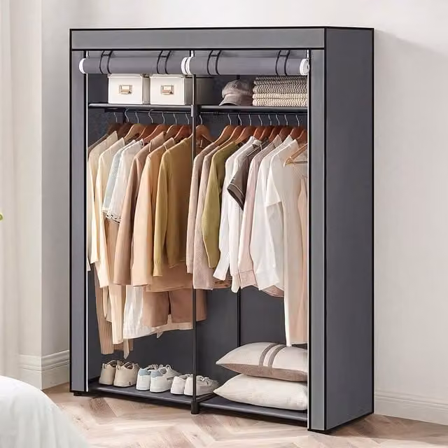 SONGMICS Modern Grey Fabric Wardrobe with Hanging Rod and Internal Shelves