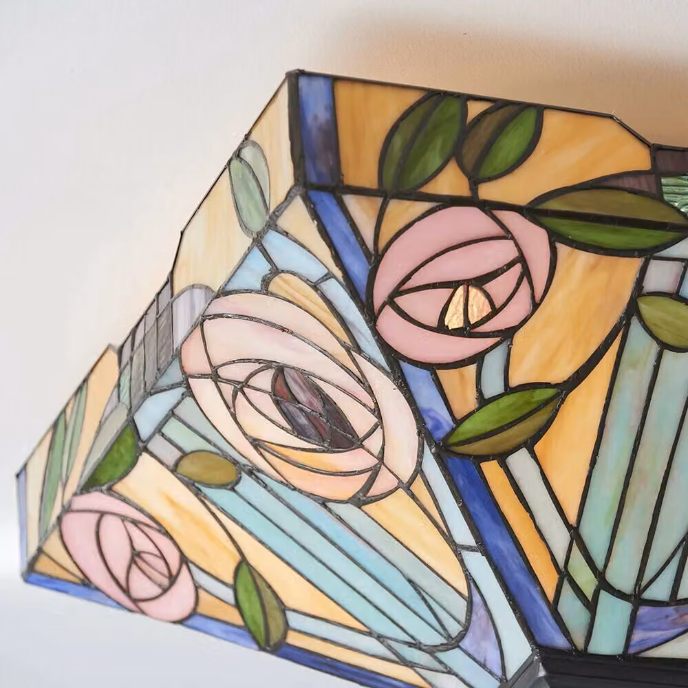 Loops Tiffany Glass Semi Flush Ceiling Light with Pink Rose Inverted Square Shade in Multicolour and Bronze – 4