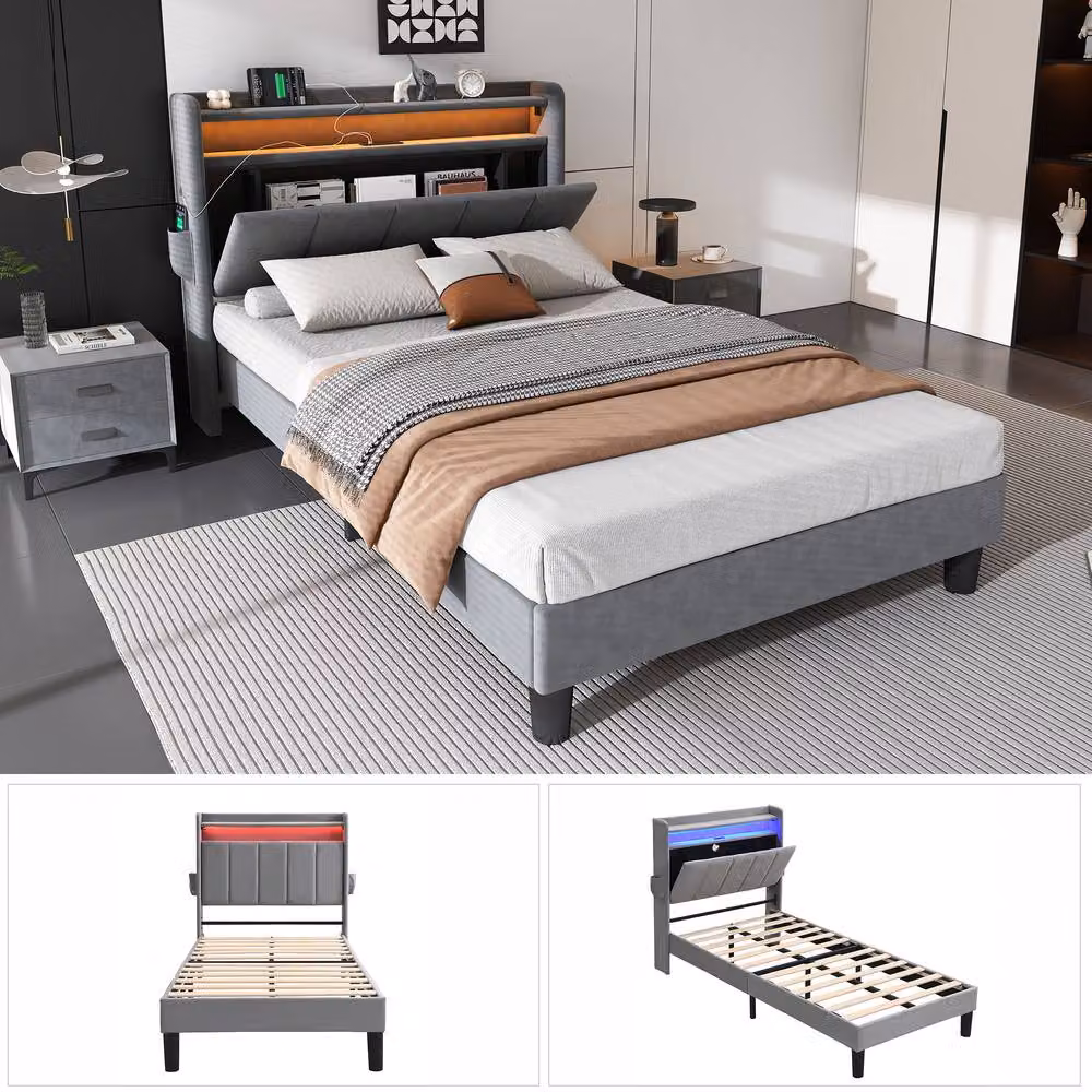 BTM Grey Velvet Upholstered Single Bed with Flip-Door Storage, LED Lighting and USB-C Charging Port, W/D/H: 90 x 200 cm – 5