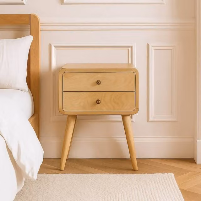 Direct Wicker Solid Wood Curved Oak-ish Bedside Table with 2 Drawers, Beige and Light Brown – 1