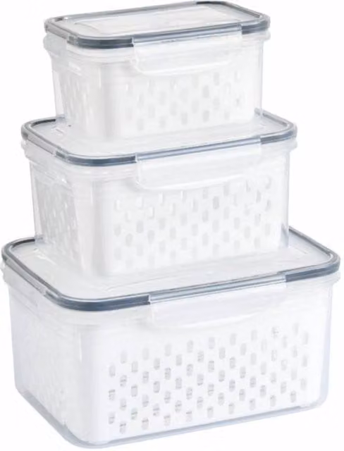 FORGEVIO 3-Piece Plastic Fruit Storage Container Set with Snap Lids in Grey, Blue and White