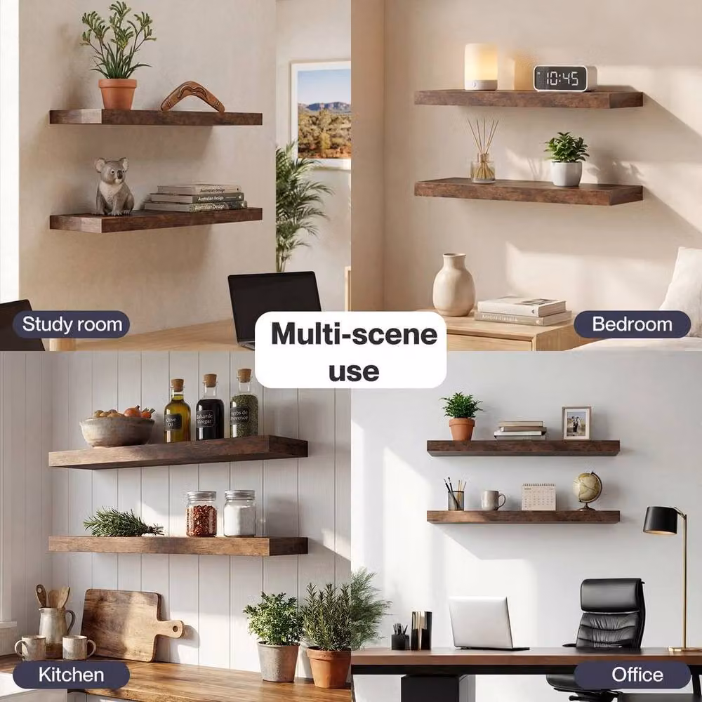 Kelvenix Modern Floating Wall Mounted Storage Shelves, 2 Pack, Brown – 3