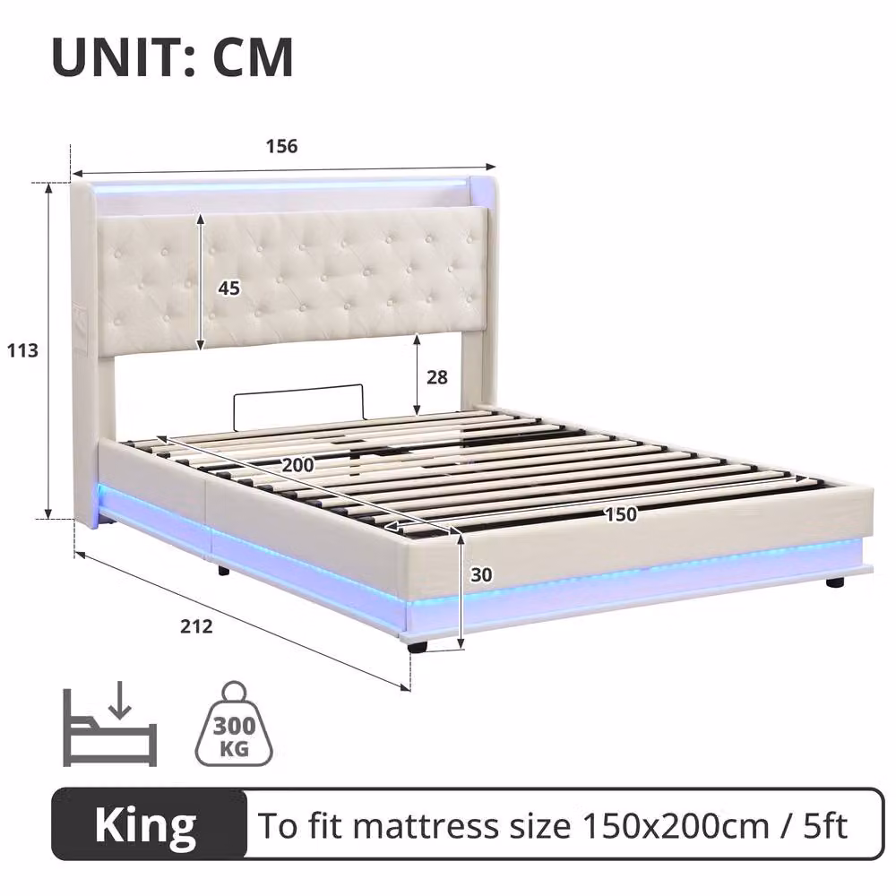 Matteo King Upholstered Ottoman Bed Frame in Beige with Hydraulic Storage, LED Lighting and USB Charging Port, W/D/H: 180 x 200 cm – 5