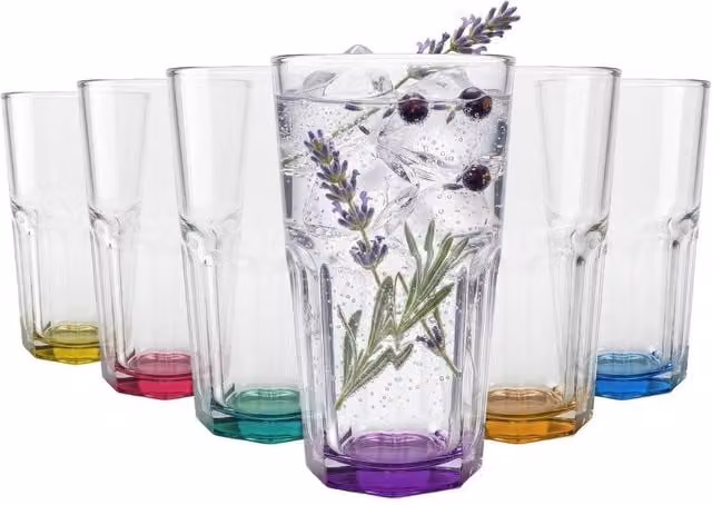 Argon Tableware Geometric Panelled Tumbler Glasses with Multicolour Base, 400ml, Pack of 6