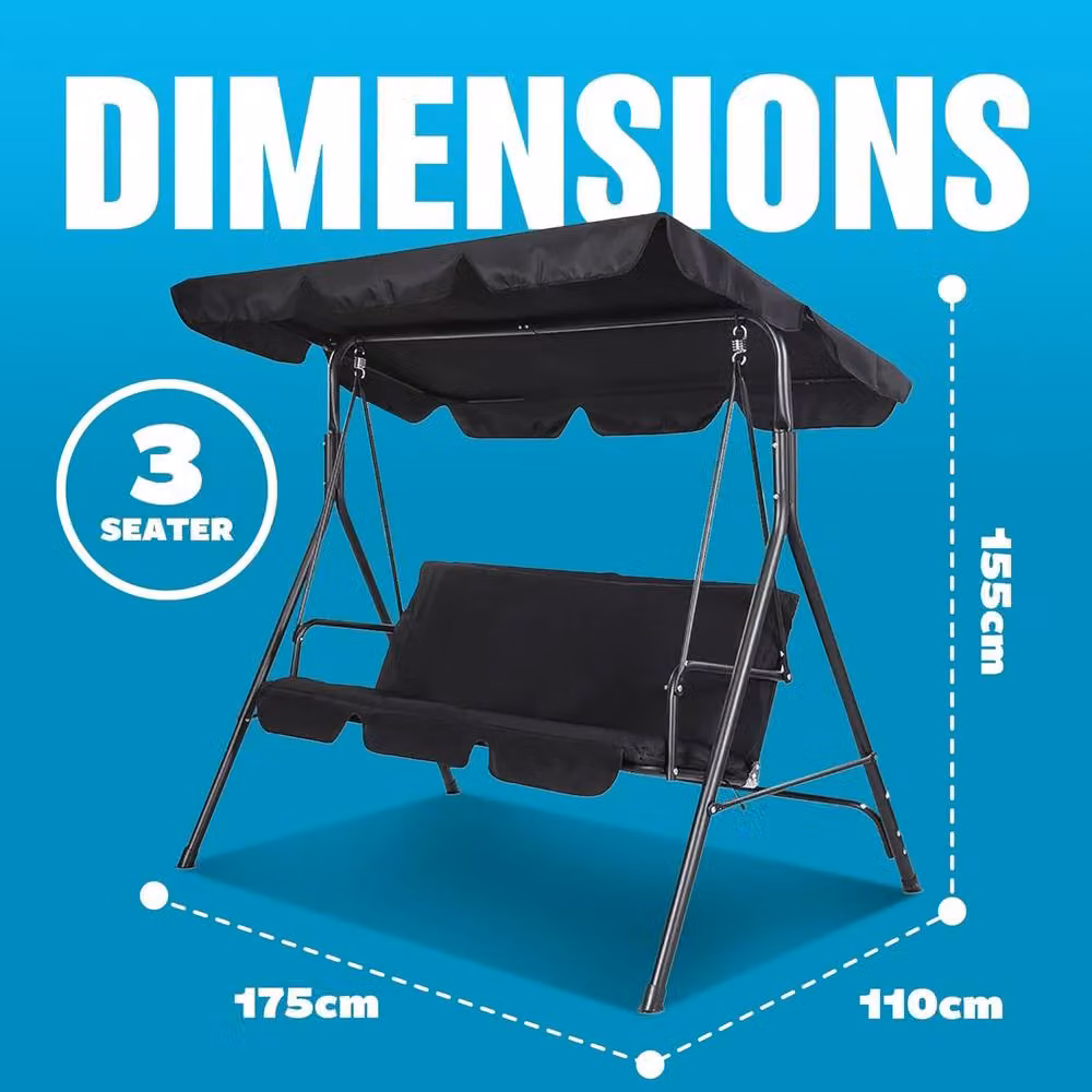 BARGAINS-GALORE 3 Seater Garden Swing Chair in Black with Sun Canopy and Cushions – 3