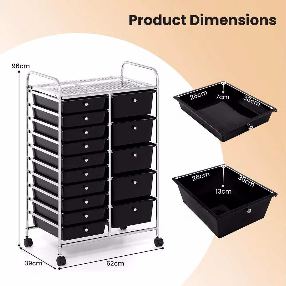 Gymax Art Craft Organizer Rolling Utility Cart with 15 Drawers in Black – 2