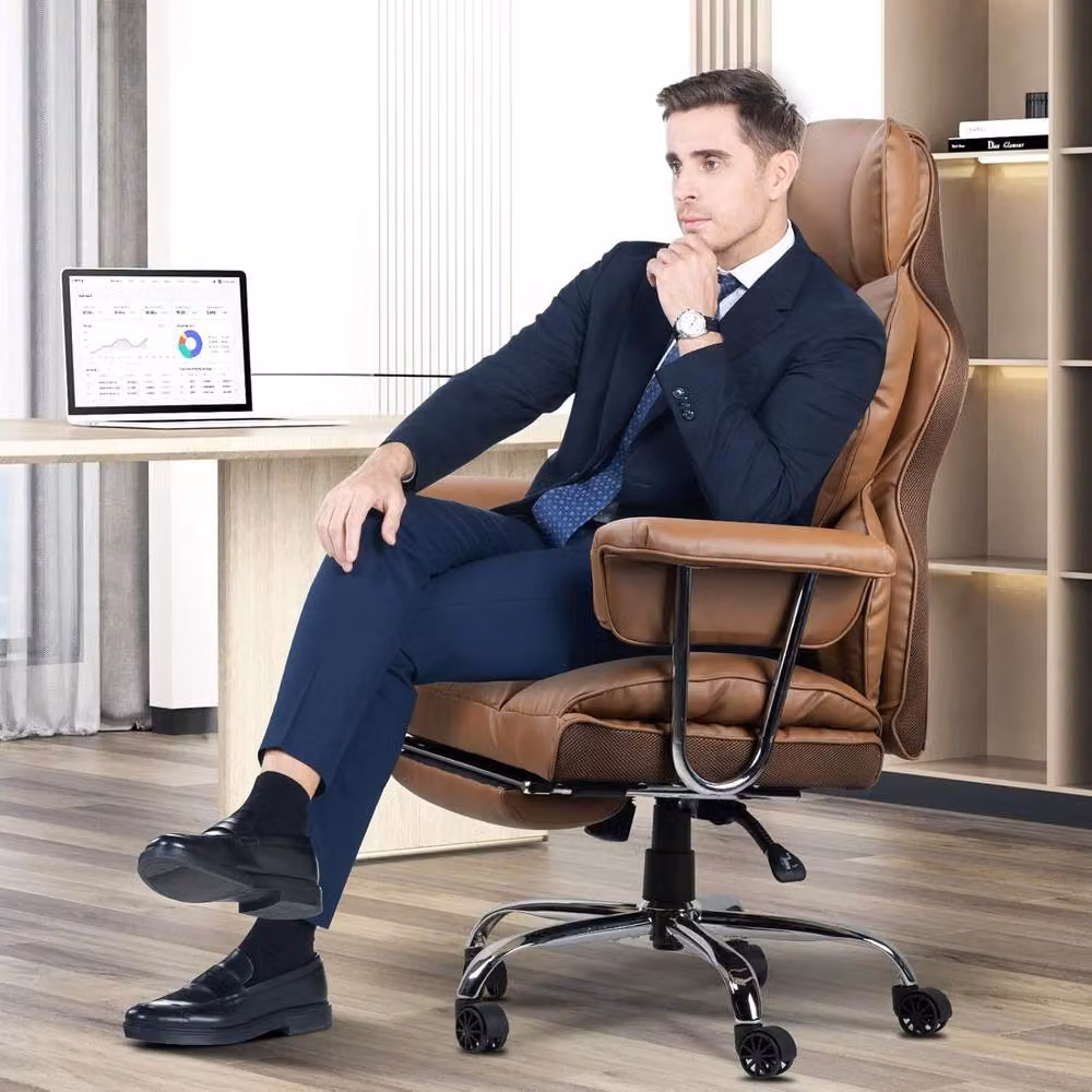 Gartistgo Ergonomic High Back Brown Synthetic Leather Office Chair with Footrest and Headrest – 2