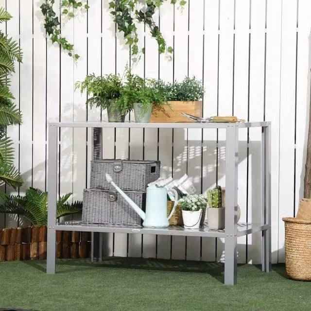 Outsunny 2-Tier Corner Plant Stand in Silver Galvanised Steel