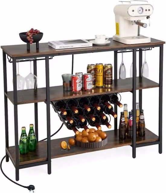 Costway 3-tier Industrial Wine Bar Cabinet with Storage Shelves and Glass Holder in Brown – 1