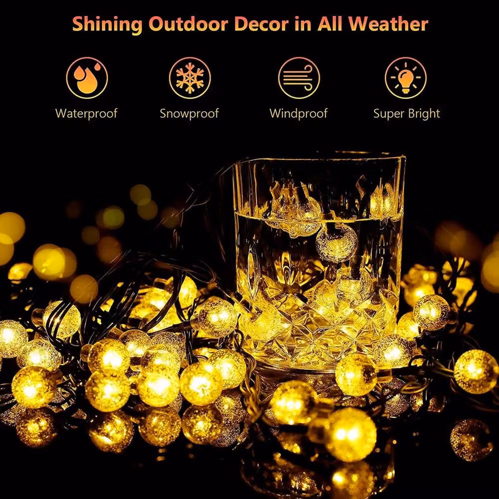 FLAVORA 50 LED Solar Warm White Globe String Lights with Transparent Glass Balls – 5
