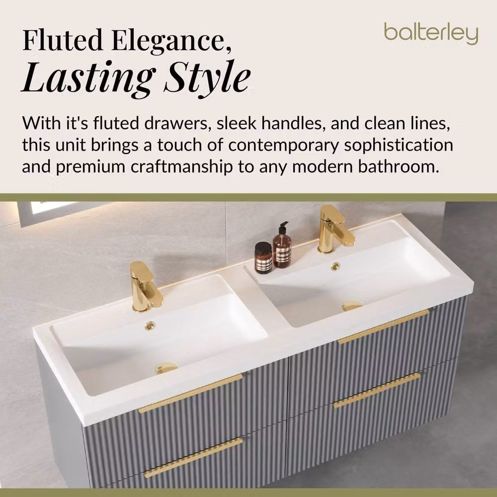 Balterley Fluted Front Wall Hung 4 Drawer Vanity Basin Unit, Satin Grey, W: 120 cm – 2