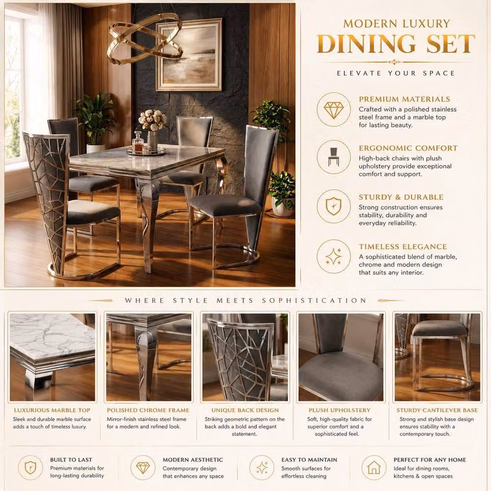 Home Luxe Interior Marble Dining Table and 4 Vienna Silver Grey Velvet Chairs Set, W: 120 cm – 6
