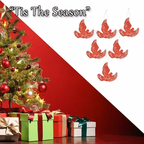 VFM e-Store Red Glitter Hanging Dove Christmas Tree Decorations, Pack of 6, W/D/H: 20 x 11.5 x 2 cm – 5