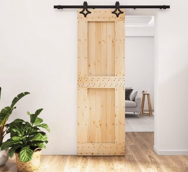 Berkfield Home Rustic Solid Wood Pine Sliding Door with Hardware Set, Brown, W: 70 cm, H: 210 cm – 1