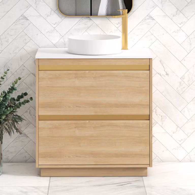 Royal Bathrooms Orion 800mm Natural Oak Floor Standing 2 Drawer Vanity Unit with White Countertop and Brushed Brass Accent Trim