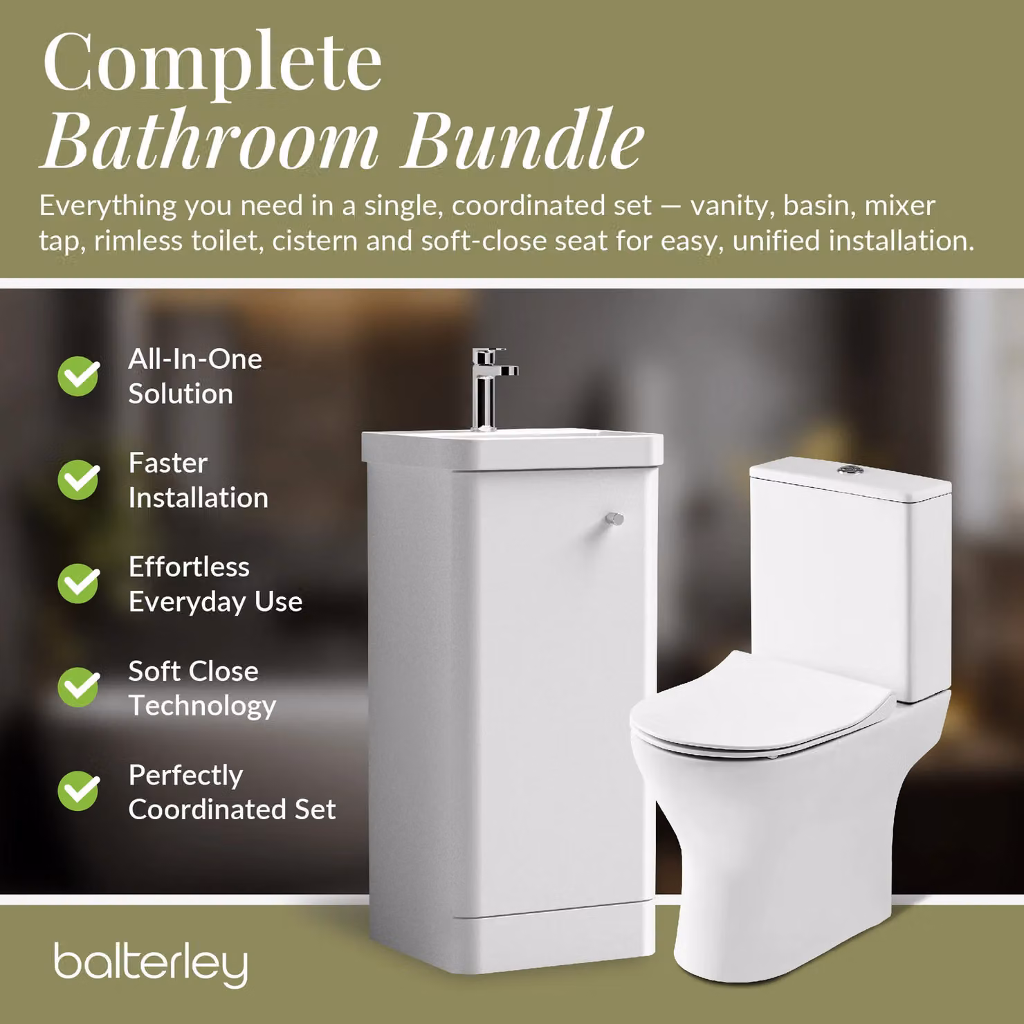 Balterley White Glossy 1 Door Freestanding Bathroom Vanity Unit with Tap and Toilet Pack – 4
