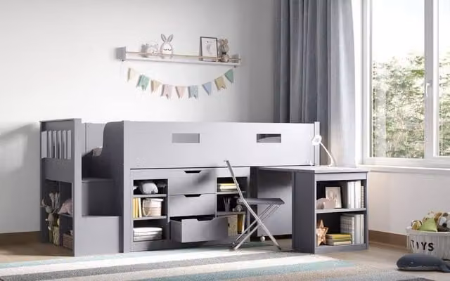 Flair Furnishings Charlie Staircase Mid Sleeper Cabin Bed with Storage and Desk in Grey – 2