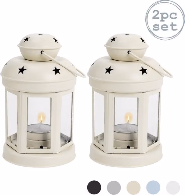 Nicola Spring Metal Hanging Tealight Lanterns in Cream, Pack of 2, Height: 16 cm
