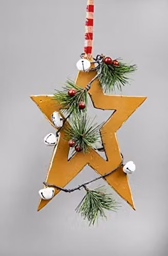 Shatchi Wooden Star Hanging Decoration, Light Brown and White, W/D/H: 25 x 1.2 x 36 cm