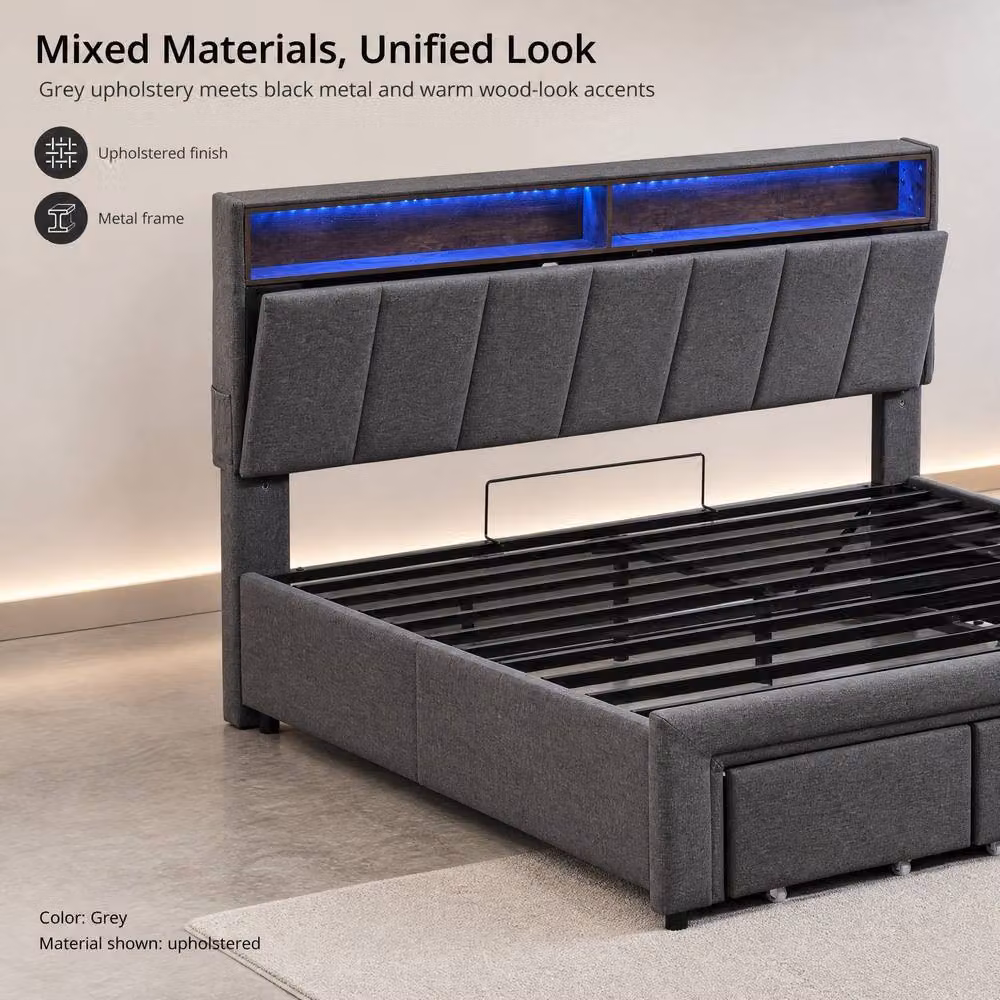 STILVORA Grey Fabric Ottoman Bed with Storage, LED Lighting and USB Charging Station, W/D/H: 180 x 200 x 112 x 162 cm – 6