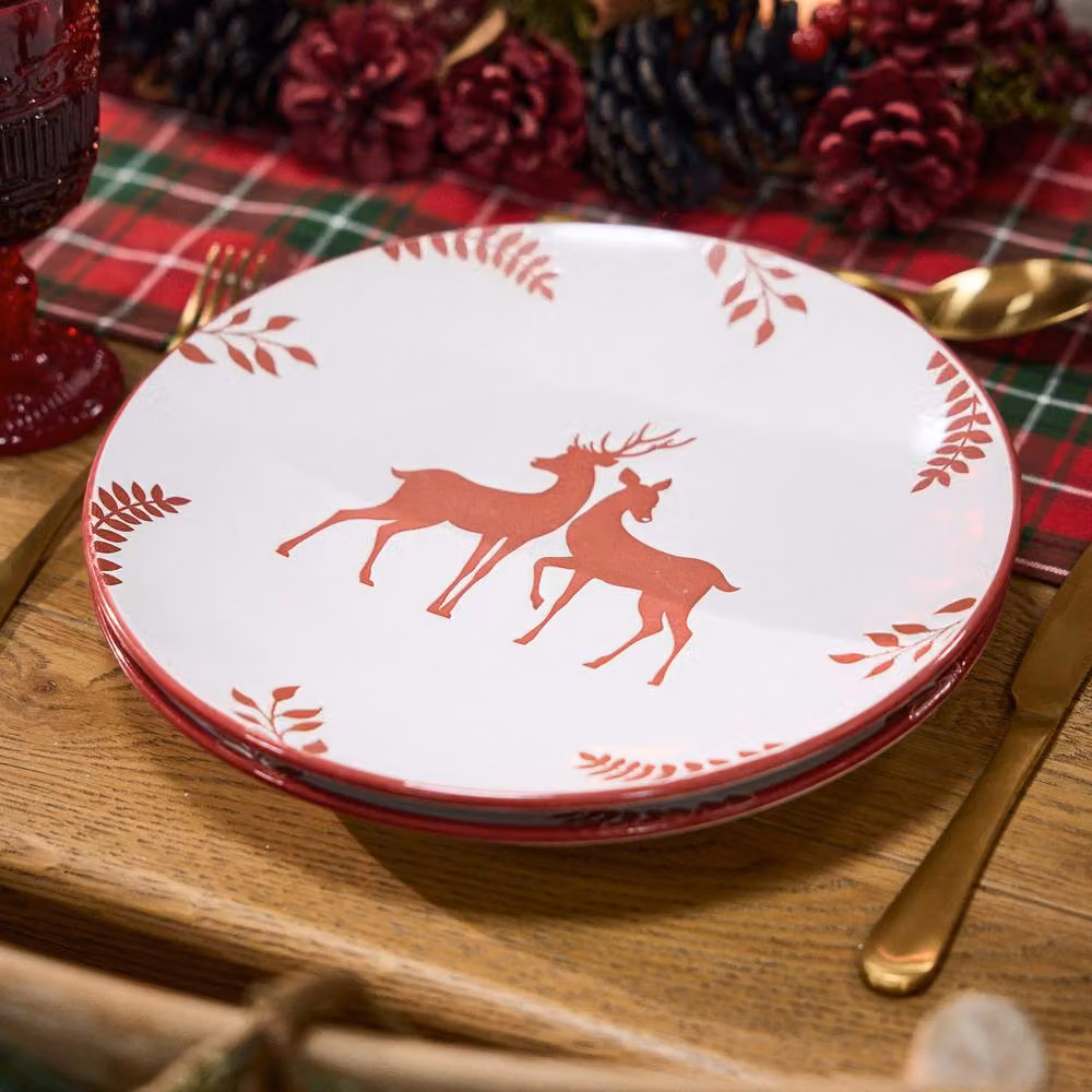 Dibor 6 Piece Red and White Reindeer Christmas Ceramic Dinnerware Set for 2 Adults – 4