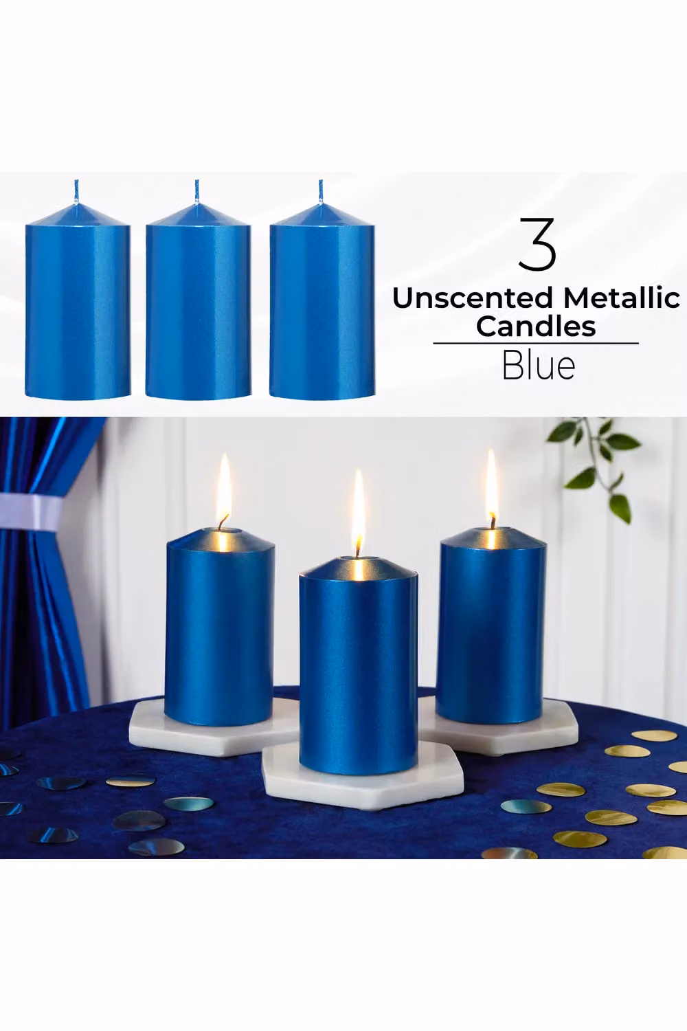 Deco Express Unscented Pillar Candle Set, Pack of 3, Metallic Blue – 7