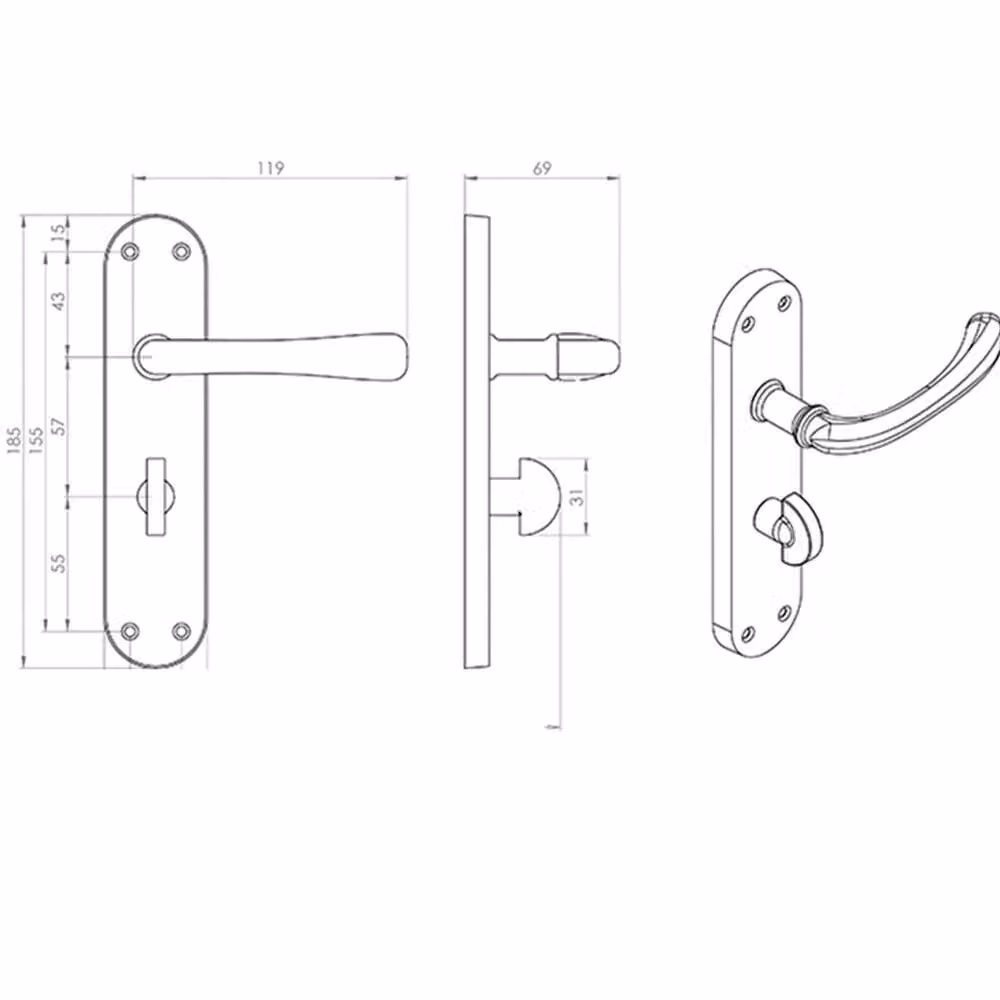 Loops Pair of Smooth Rounded Lever Bathroom Handles with Shaped Backplate, Matt Black, W: 18.5 cm, H: 4.2 cm – 2